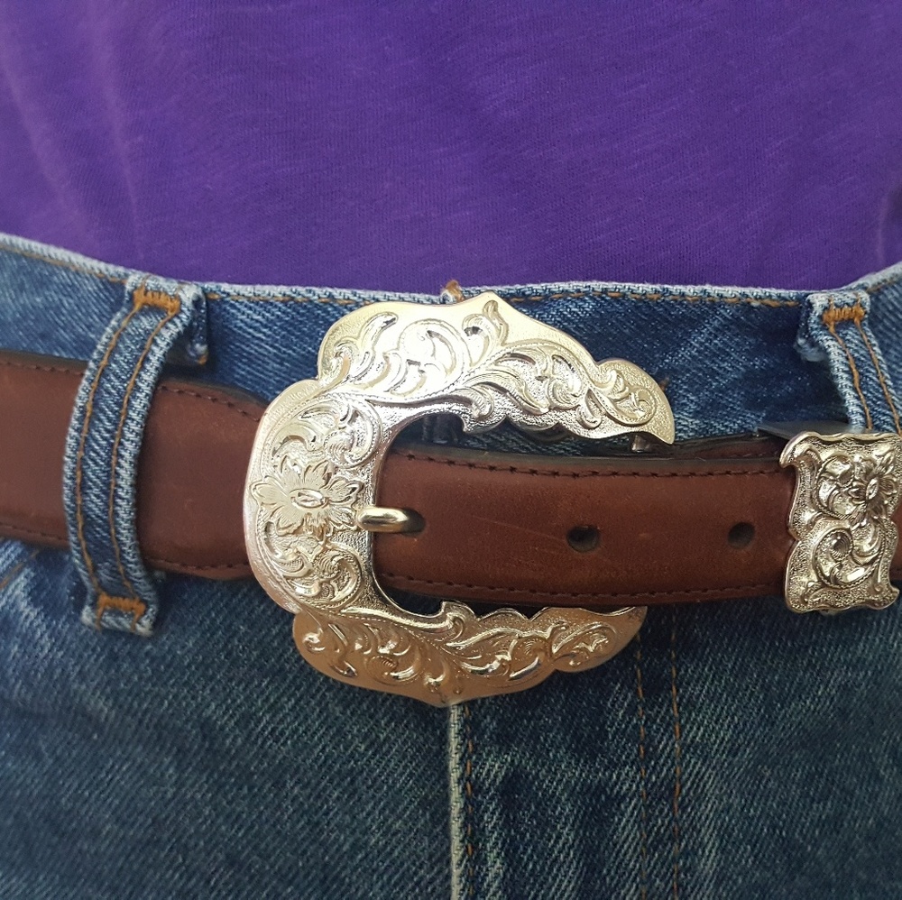 Brown Leather Western Belt with Silver Engraved Buckle